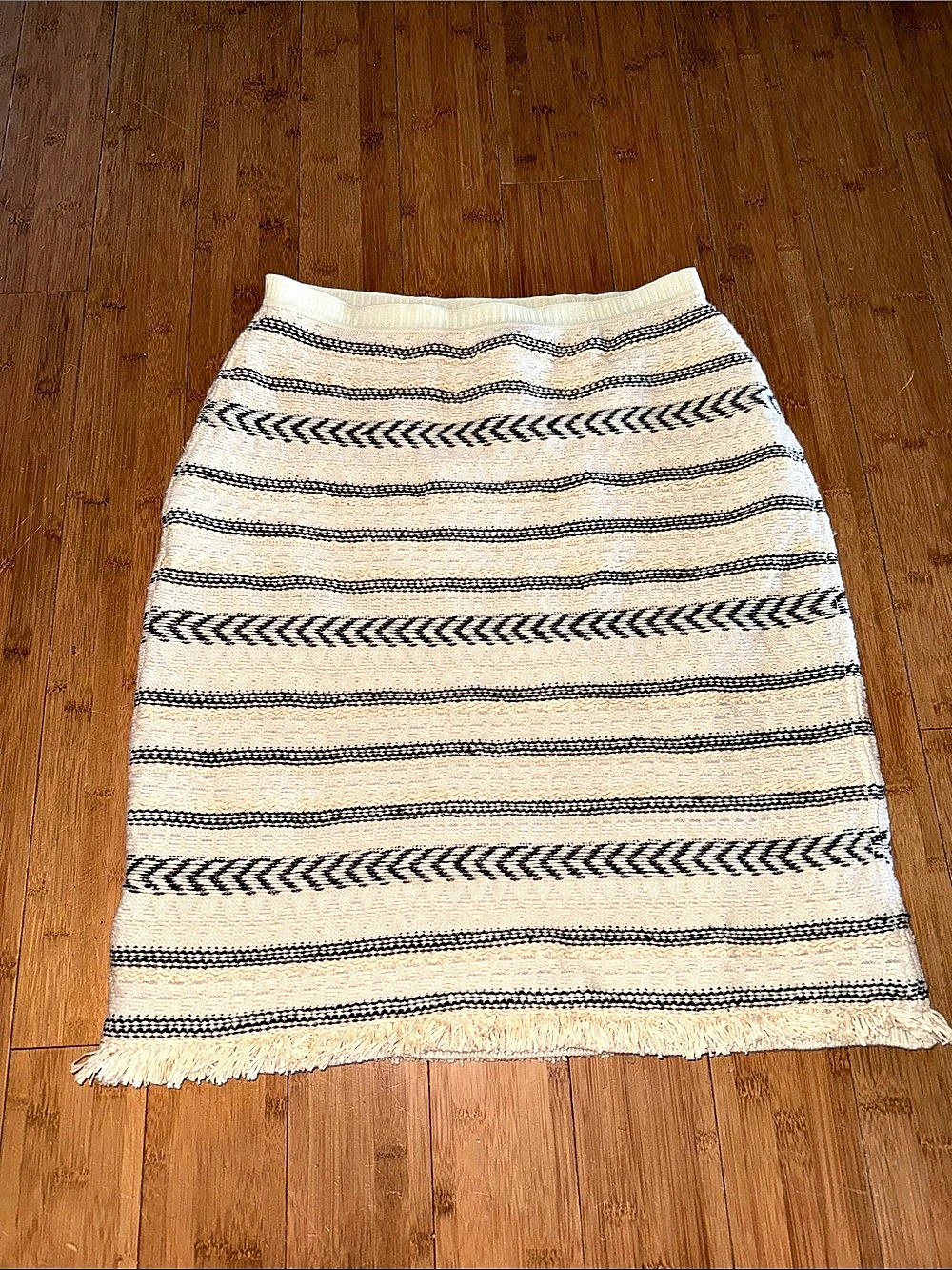 Tory Burch Women's Cream/Black Jacquard Striped Wool Midi Skirt
